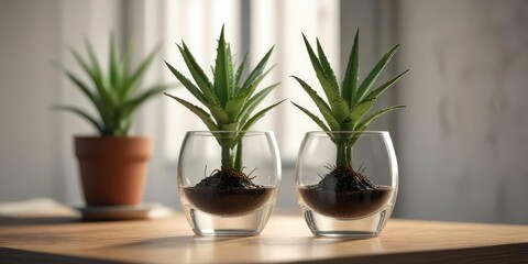 Small aloe plant in glass on a minimalist desk with a blurred background, still life, calm