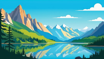 Scenic mountain lake landscape in vibrant illustration style