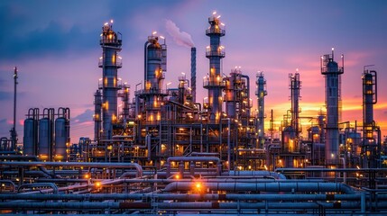 Obraz premium Industrial complex at sunset with illuminated towers and smokestacks against a colorful sky
