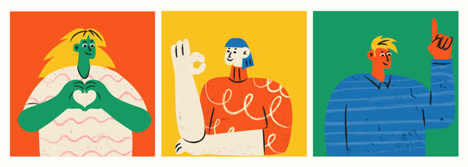 Cute doodle character vector illustration of young man and women with hand gesture. Hand drawn sketch, doodle retro style for the patches, stickers, labels, tags, stamps