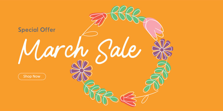 Special March Sale Promotional Banner with Flower Wreath and Bold Orange Background