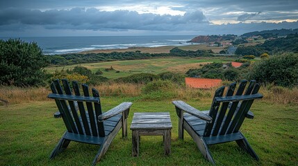 Ocean View Coastal Scene With Adirondack Chairs