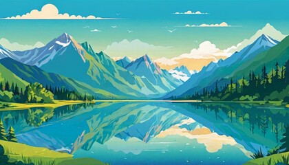 Scenic mountain lake landscape in vibrant illustration style
