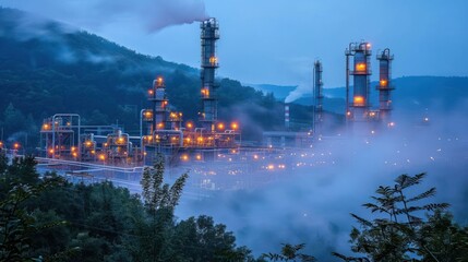 Fototapeta premium Industrial facility at dusk with glowing lights and steam rising amidst a misty landscape