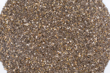 Raw chia seeds on a dish, top view