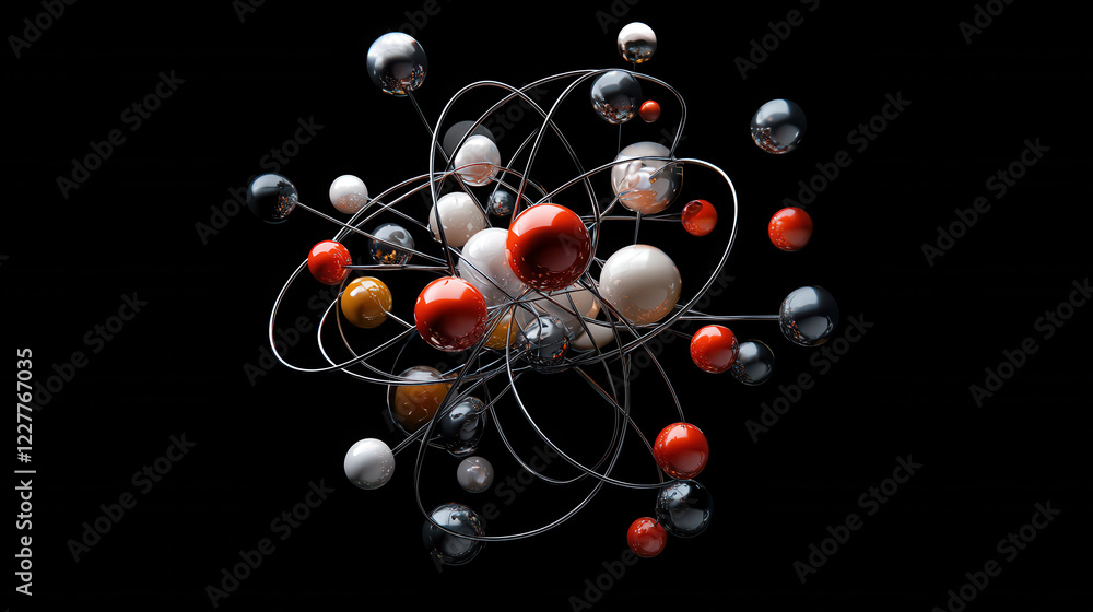 Poster 3d atomic model with glowing particles and electron orbits, showcasing science