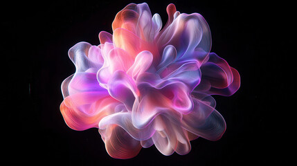 vibrant 3D abstract model with glowing particles and fluid shapes, showcasing dynamic colors and forms