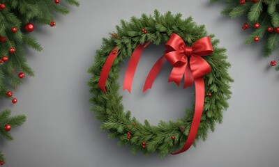 Simple Christmas Wreath with Soft Green Pine Branches and Red Ribbon, red ribbon, white background, pine branch