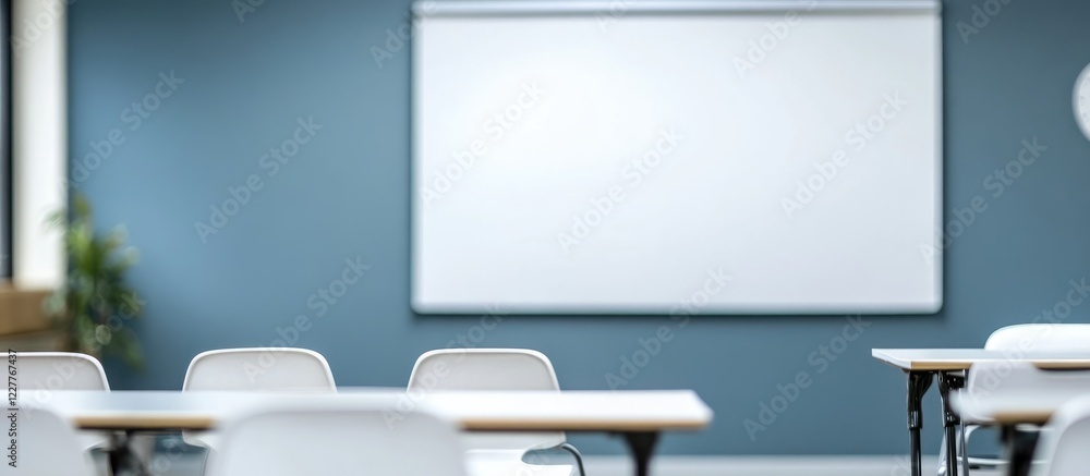 Poster empty classroom with a whiteboard in focus and copy space for text ideal for educational or business