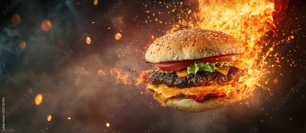 Poster explosive burger launch with dramatic kitchen background and empty space for text