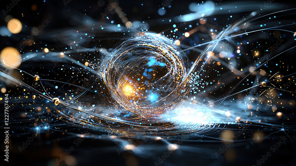 Poster glowing atomic model with swirling particles and vibrant energy trails creates mesmerizing visual ef