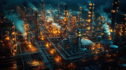 Fototapeta premium Aerial view of a bustling industrial complex at night, illuminated by orange flames and smoke