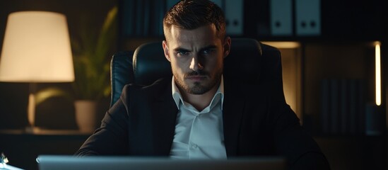 Cybersecurity Specialist Analyzing Threat Data in a Modern Office Environment with Space for Text Overlay