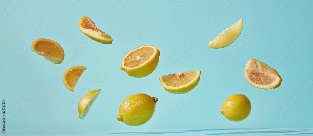 Aufkleber Fresh Organic Lemons Whole and Slices Floating Against Soft Blue Background with Blank Space for Text or Recipe Display