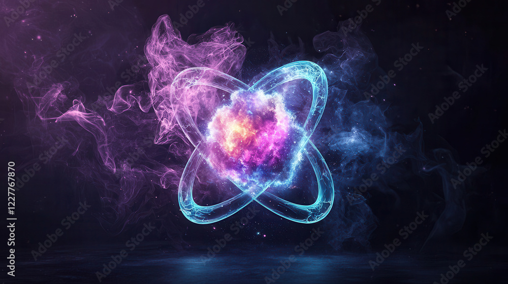 Poster vibrant 3d atomic structure with glowing electrons and colorful nebulae, creating cosmic atmosphere