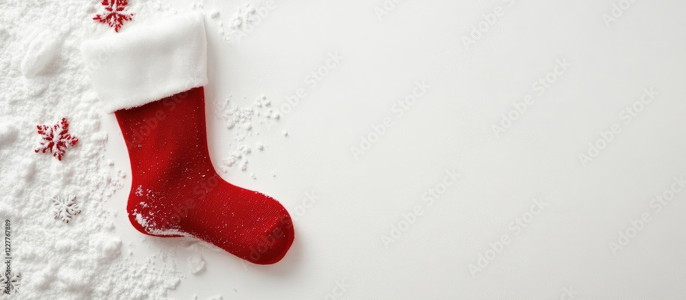 Poster red christmas stocking on a clean white background with snowflakes and ample empty space for your te