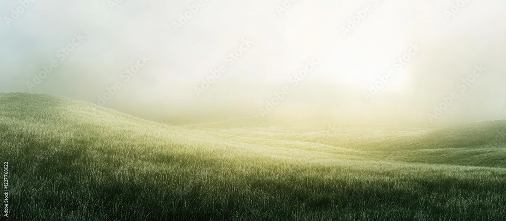 Poster misty sunrise over hilly field with soft light and expansive copy space for text in a serene atmosph