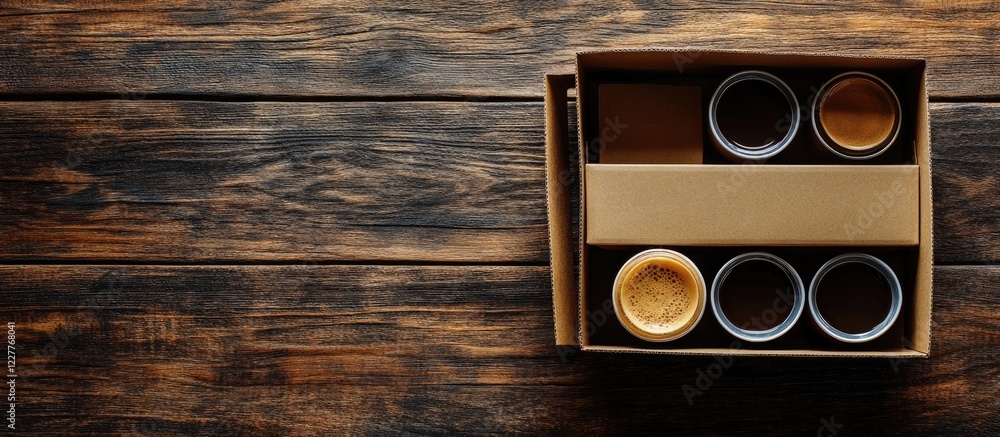Poster Breakfast food and drink in a box on a wooden table with ample empty space for text and branding options. Ideal for promotional use.