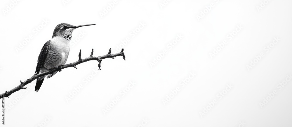 Poster female broad-tailed hummingbird perched on a branch with minimalist background and space for text or