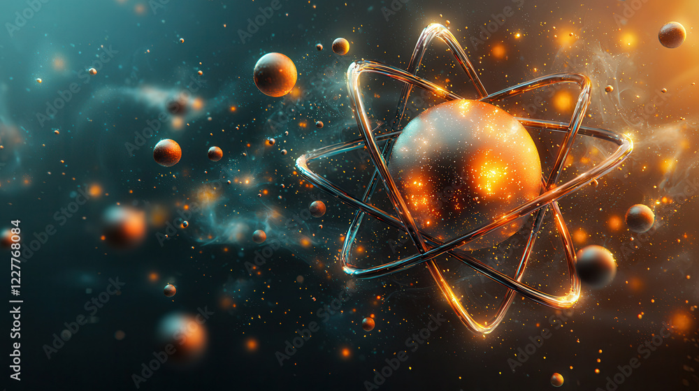 Poster detailed atomic structure with glowing particles, representing energy and science