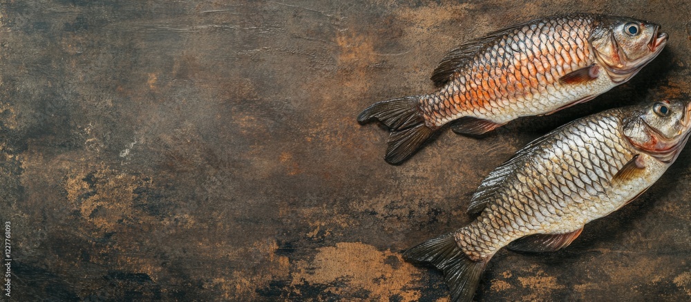 Poster freshly caught tilapia fish on rustic surface ideal for culinary presentation with empty space for t