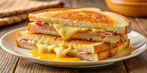 A toasted ham and cheese sandwich placed on a plate with melted cheese oozing out of its sides, revealing a gooey golden-brown center