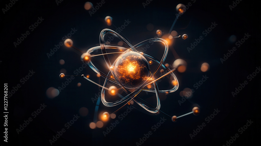 Poster detailed atomic structure with glowing particles, showcasing energy and motion
