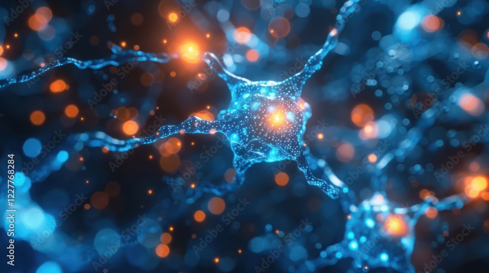 Poster close-up view of interconnected neurons with glowing synapses in a vibrant digital landscape