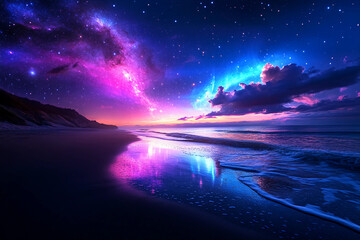 Galactic Tides: A Serene Nighttime Beach Scene with Gentle Waves Reflecting the Beauty of a Galaxy-Filled Sky and Distant Nebulae Illuminating the Shoreline