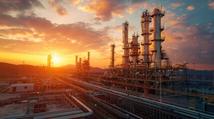 Industrial landscape at sunset with towering refinery structures and vibrant sky colors