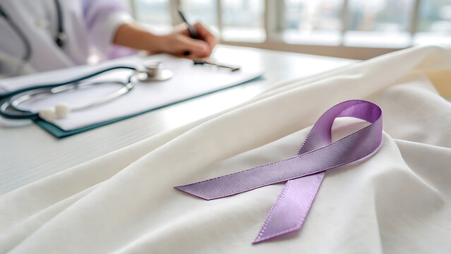 Hpv awareness day: purple ribbon symbolizing cervical health and medical advocacy. - Powered by Adobe