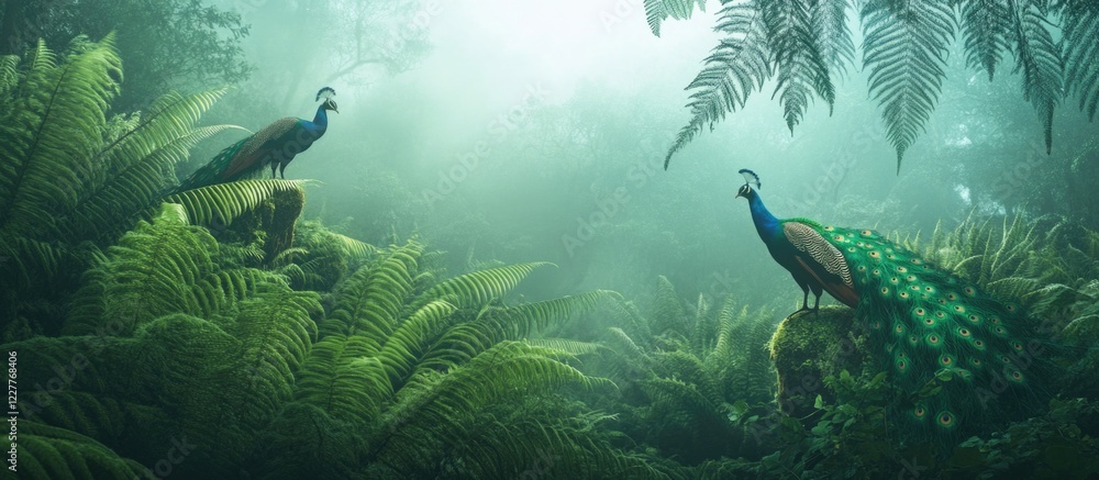 Poster tranquil foggy rainforest scene featuring peacocks among lush ferns and towering trees with mist and