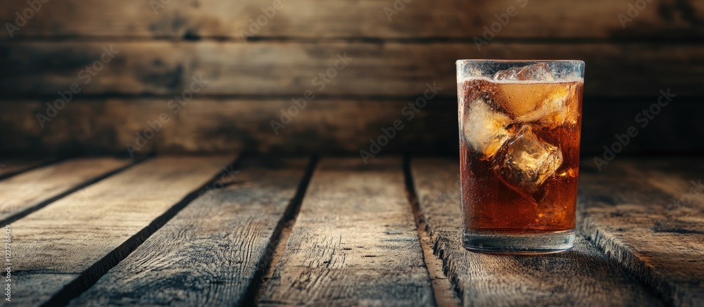 Poster Healthy Beverage on Wooden Surface with Ice Cubes and Copy Space for Text in a Rustic Setting