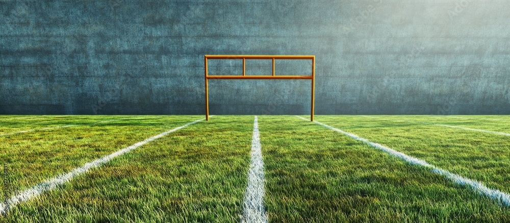 Poster football field with empty goalposts centered on lush green grass under bright sunlight with ample sp