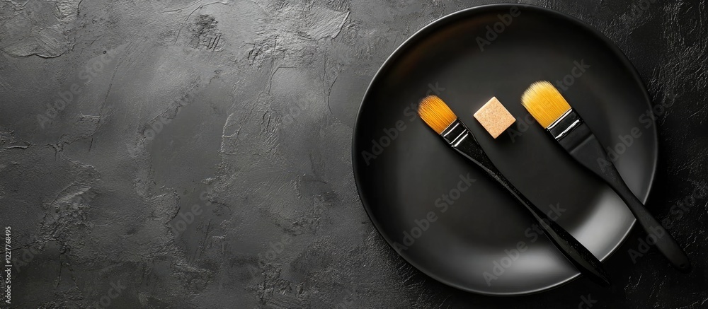 Poster elegant food presentation in a black bowl with brushes and tiles on a dark plate with empty space fo