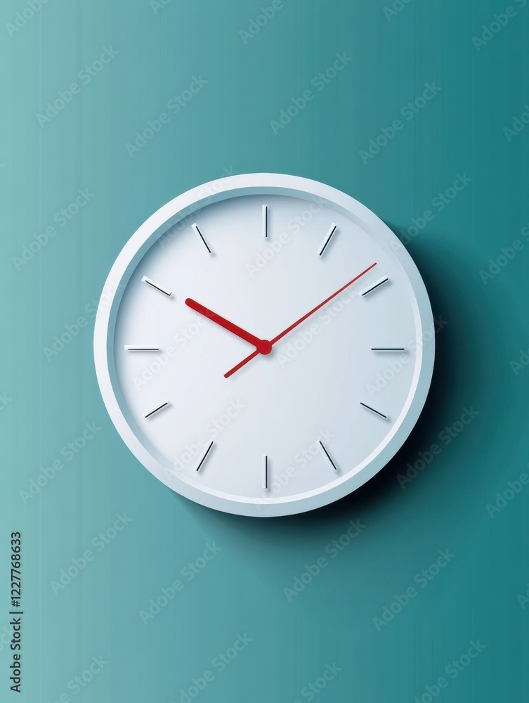 Poster Modern wall clock displaying time on a teal background with simple design and contrasting red hands. Generative AI