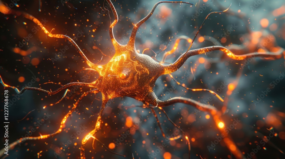Poster close-up view of a glowing neuron with intricate branches against a blurred background, symbolizing 