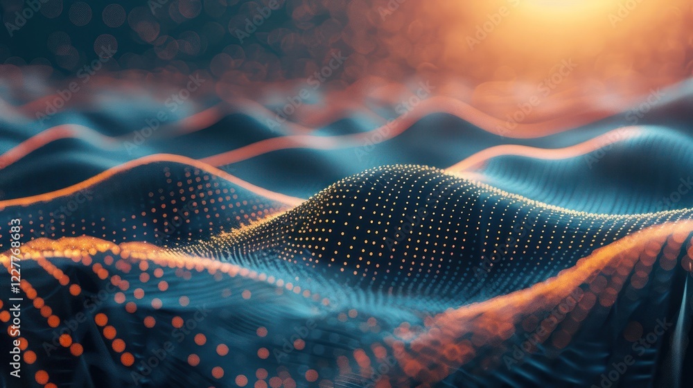 Poster abstract visualization of flowing waves with glowing particles against a vibrant sunset backdrop