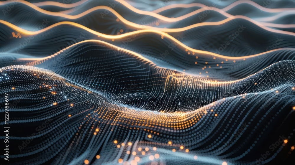 Poster abstract representation of flowing digital waves with glowing particles in a futuristic landscape