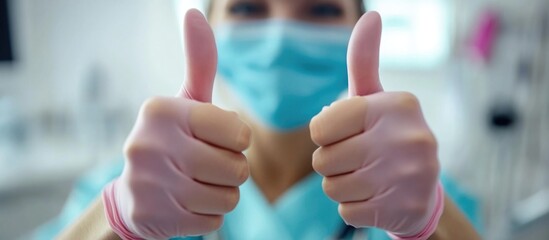 Female Dentist in Dental Office Smiling and Showing Thumbs Up for Positive Patient Experience with Copyspace for Text