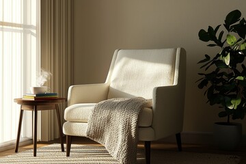 Cozy Armchair Bathed in Soft Sunlight with a Cup of Tea and a Blanket in a Stylish Living Room