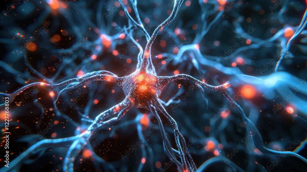 Poster intricate neural network visualization showcasing synaptic connections and glowing nodes