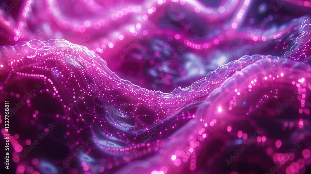 Poster abstract visualization of glowing pink waves with digital elements creating a vibrant backdrop