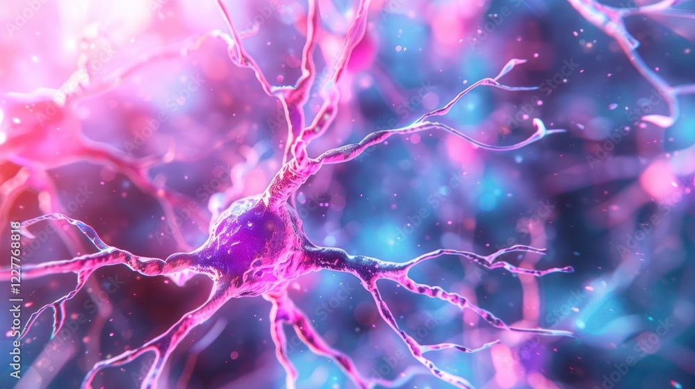 Poster close-up view of a vibrant neuron with colorful synapses in a surreal, abstract background