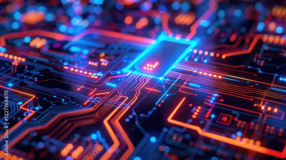 Poster vibrant close-up of a futuristic circuit board with glowing components and intricate patterns