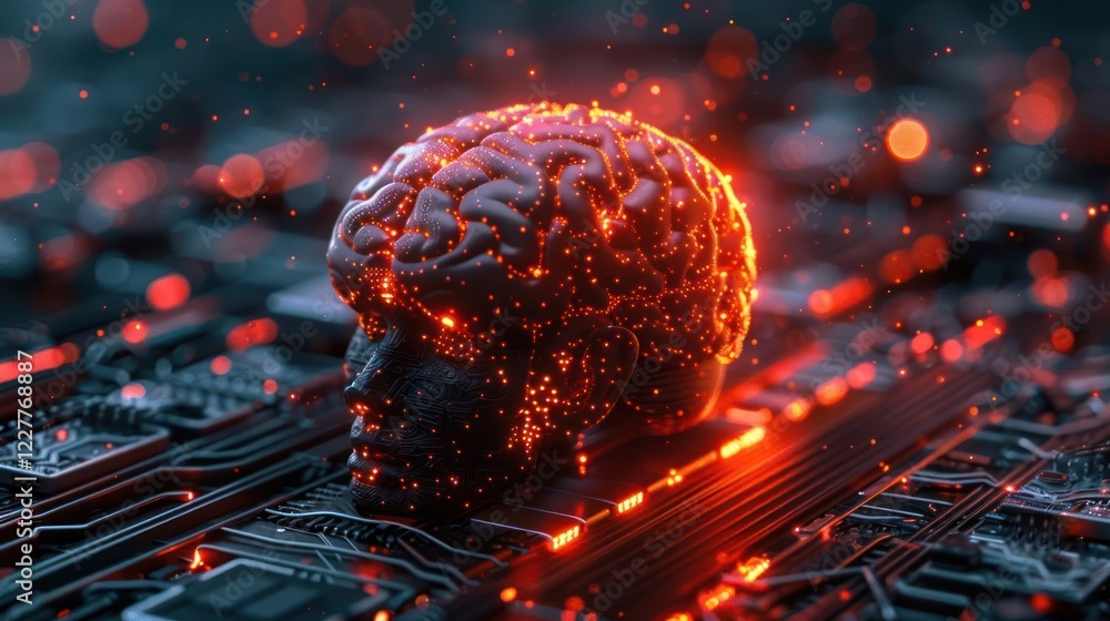 Poster futuristic representation of a glowing brain on a circuit board, symbolizing advanced technology and