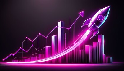 neon magenta graph and rocket against a black backdrop illustrating impressive business growth
