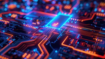 Obraz premium Vibrant close-up of a futuristic circuit board with glowing components and intricate patterns