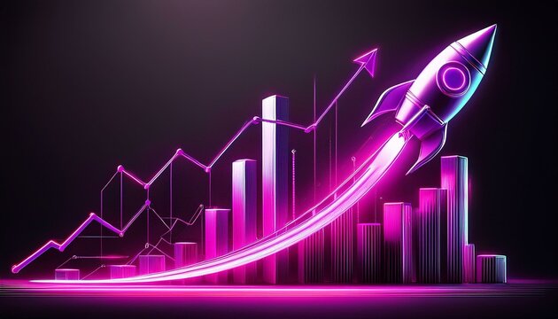 neon magenta graph and rocket against a black backdrop illustrating impressive business growth