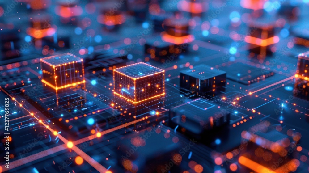 Poster futuristic close-up of a microchip circuit board with glowing elements in a digital landscape